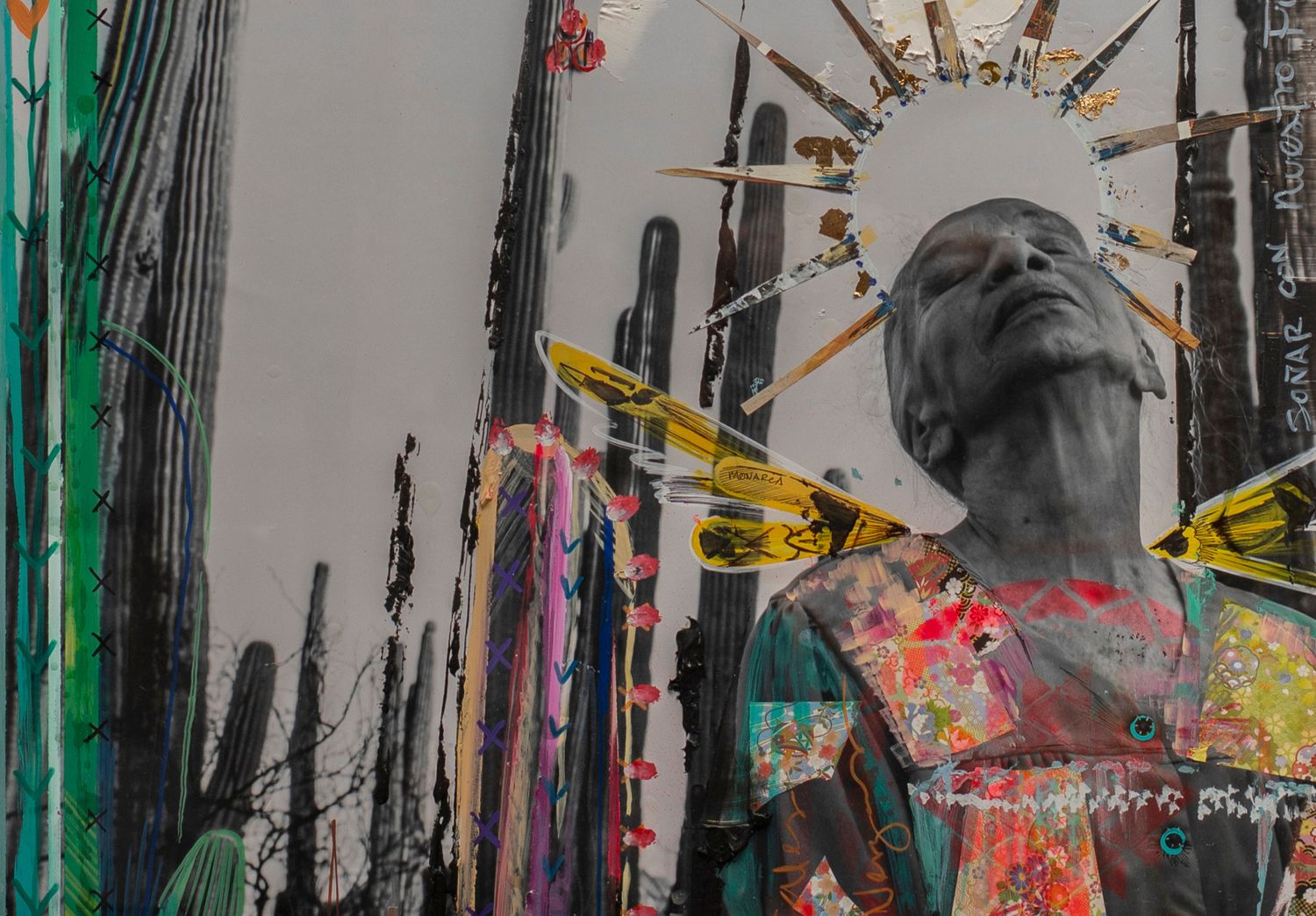 Mixed media collage art featuring a Black figure with radiating spikes, colorful floral patterns, and urban graffiti background.