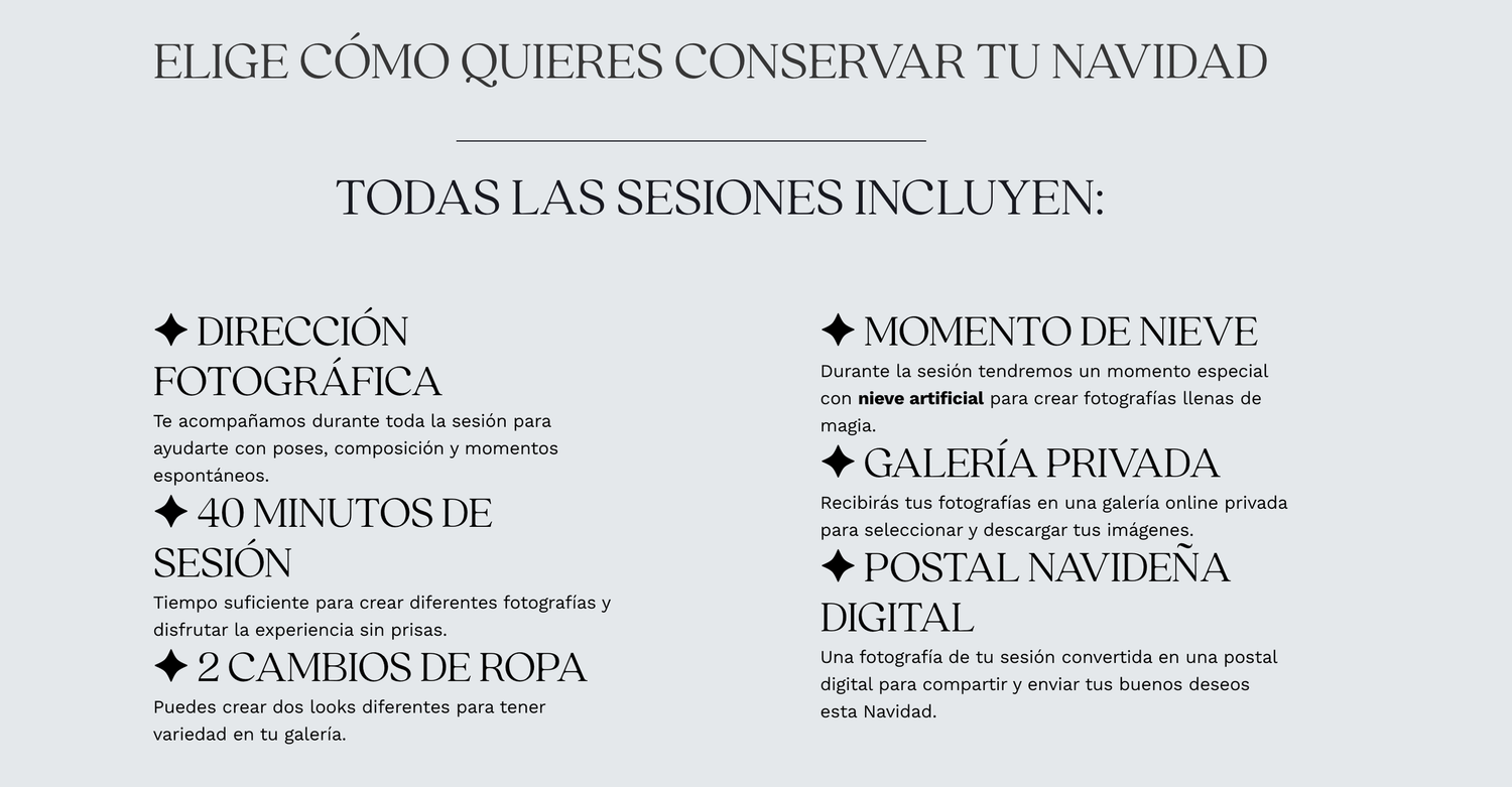 Spanish photography session flyer offering Christmas portrait packages with snow moments, private gallery, and outfit changes.
