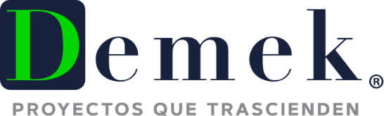 A business logo design with the word 'Demek' in navy blue and green text with a tagline in Spanish beneath it.