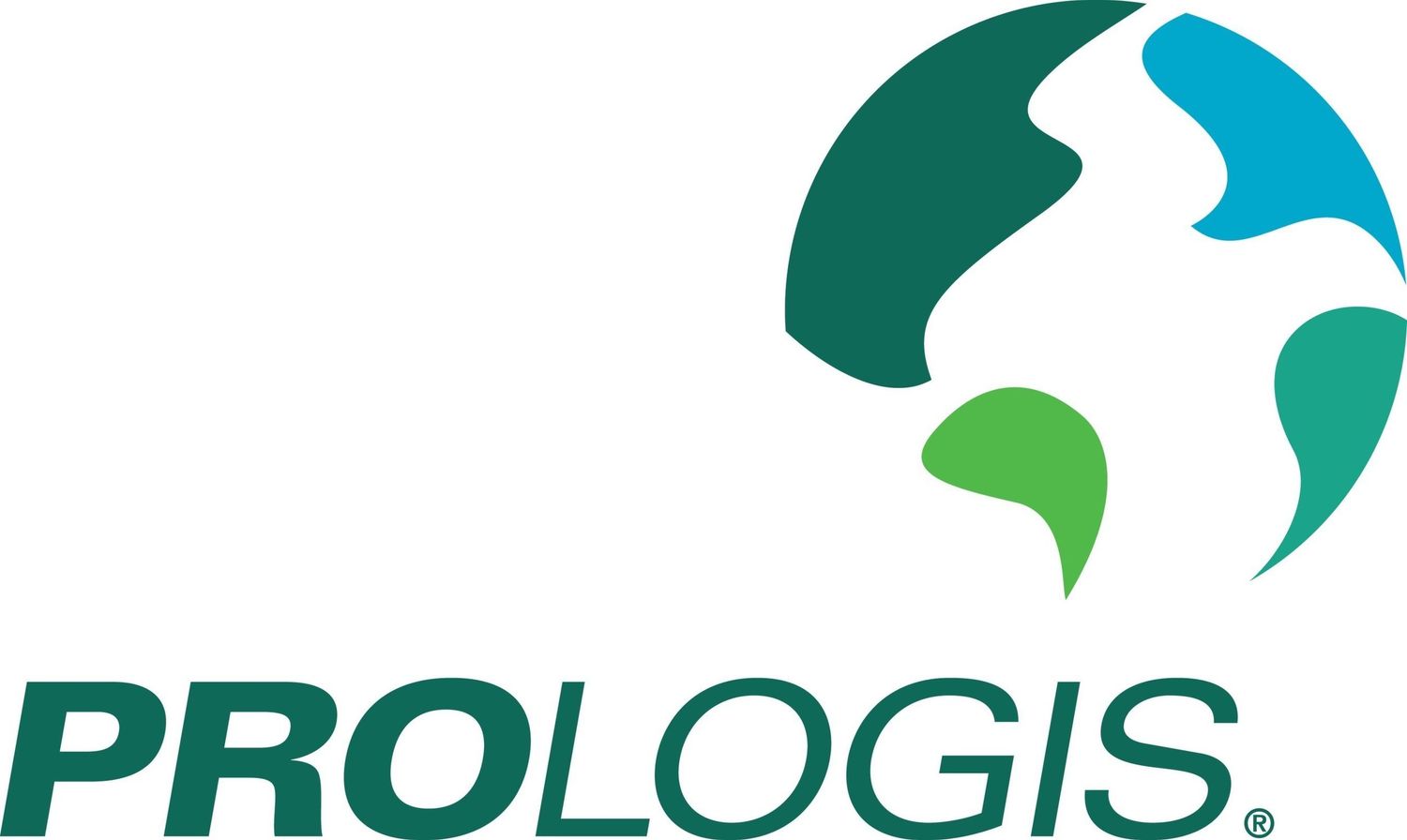 Two Prologis company logos in green and blue colors show different versions of the brand identity.