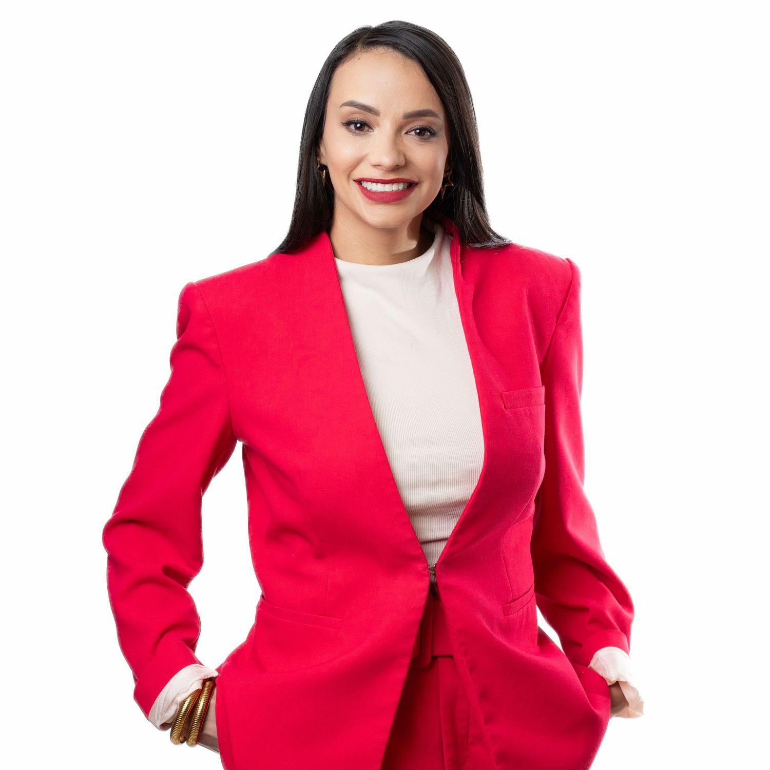 Professional woman in bright red blazer and white top striking different confident poses against white background.