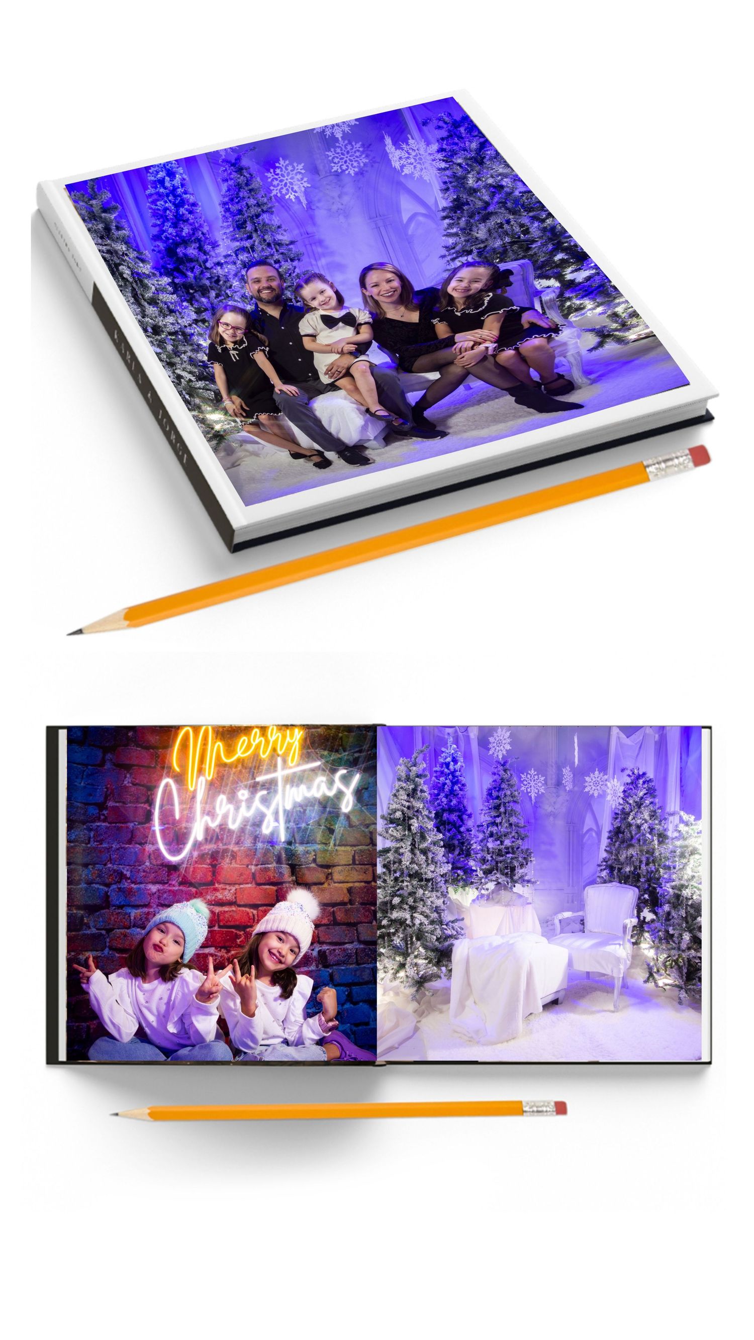 Holiday photo album featuring winter scenes with decorated Christmas trees, neon signs, and snowy backdrops in purple lighting.
