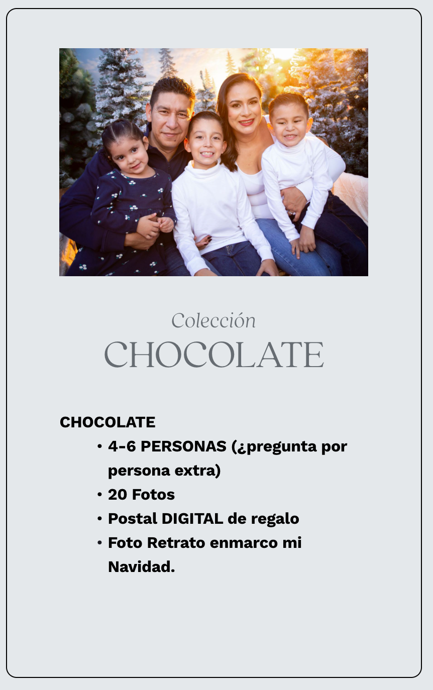 Family of five posing outdoors for a Christmas photo session, Coleccion Chocolate package offering 20 photos for 4-6 people.