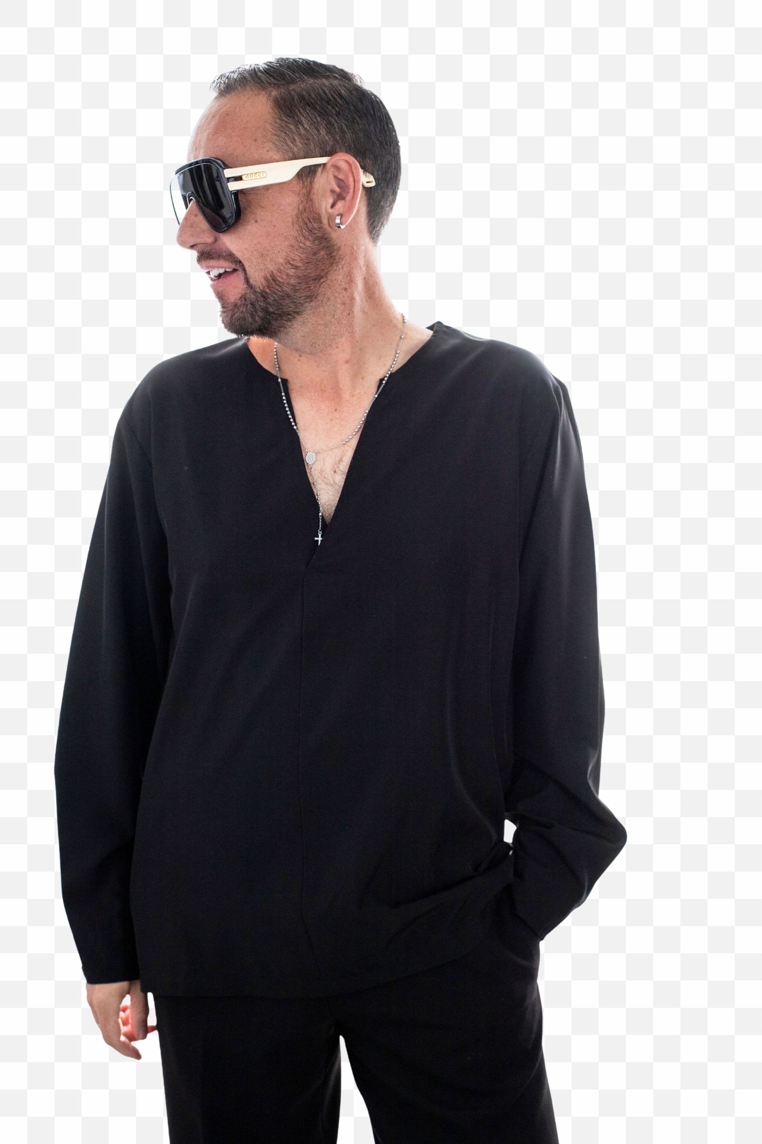 Person in black v-neck sweater and sunglasses shown from multiple angles against white background.