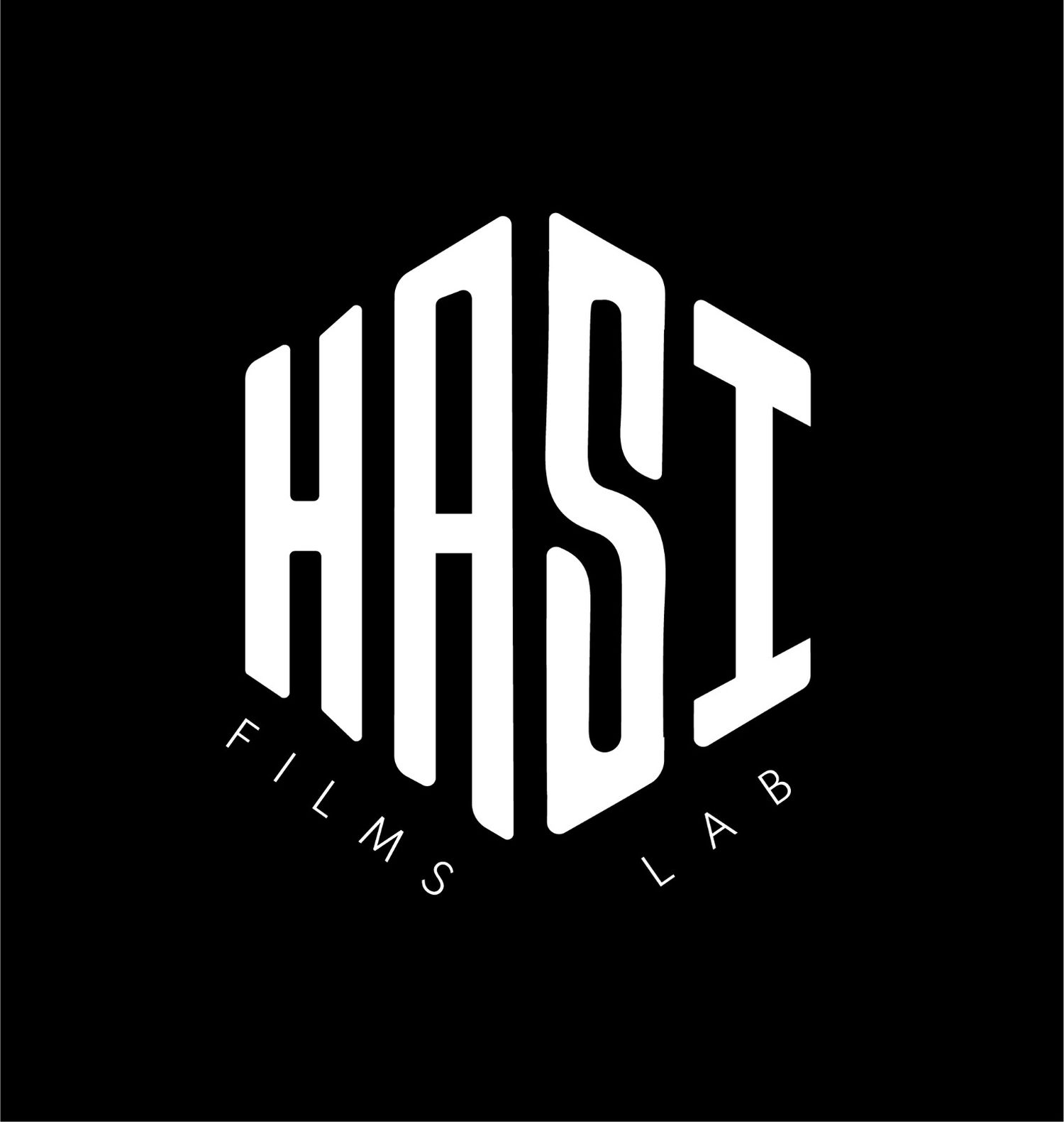 White angular HASI Films Lab logo design on black background showing stylized text and minimalist branding.