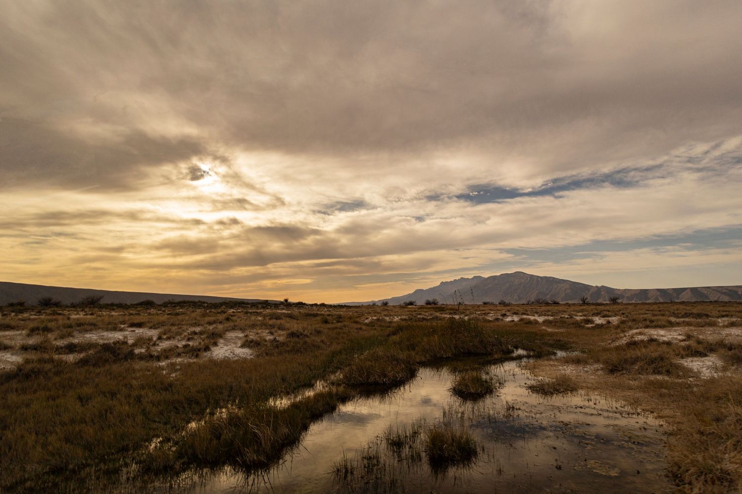 Dramatic desert wetland at sunset with mountain backdrop, golden clouds reflecting in still water amid dry scrubland.