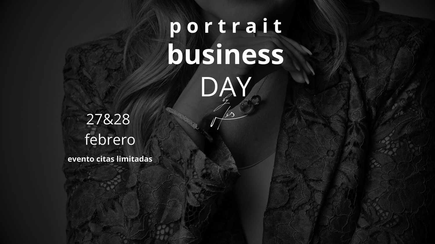 A monochromatic collage of four images showing business and portrait photography text overlays in white lettering.