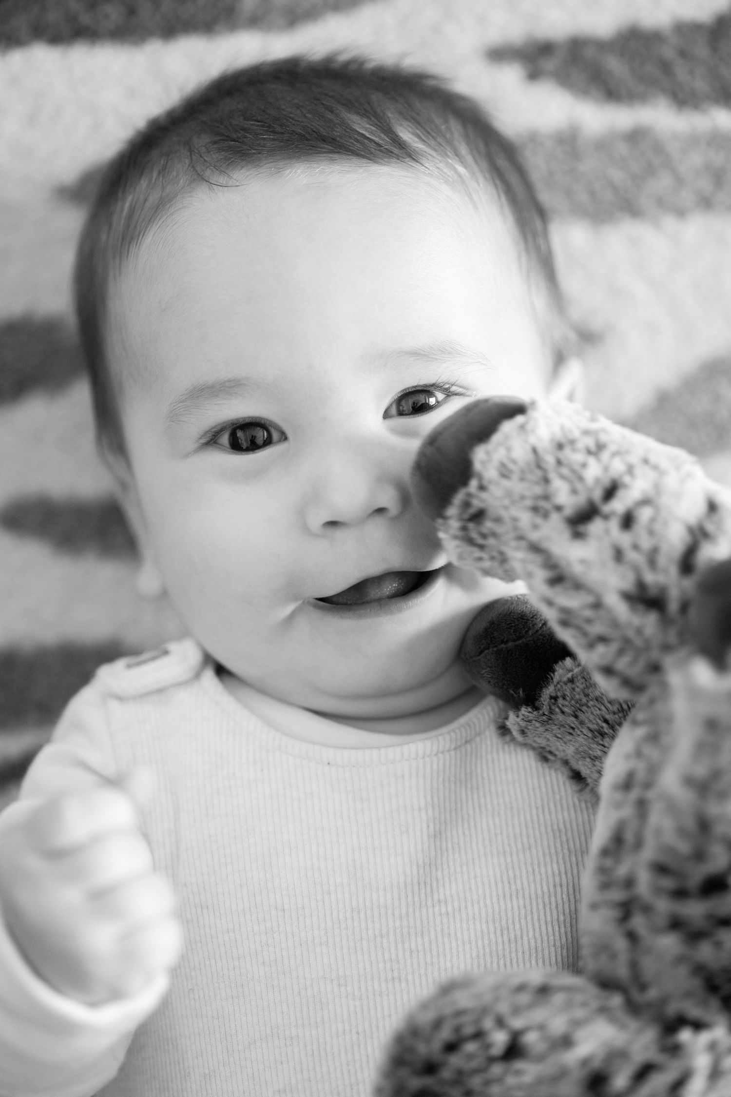 Black and white photo of a cute baby chewing on a stuffed animal toy while looking at the camera.