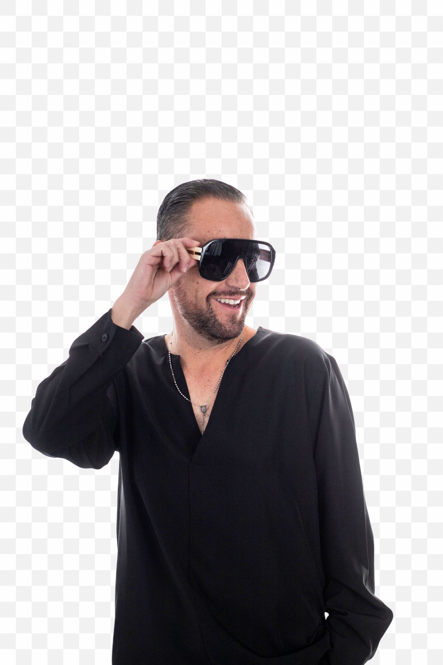 Man wearing black shirt and sunglasses shown in three poses laughing and adjusting glasses against white background.