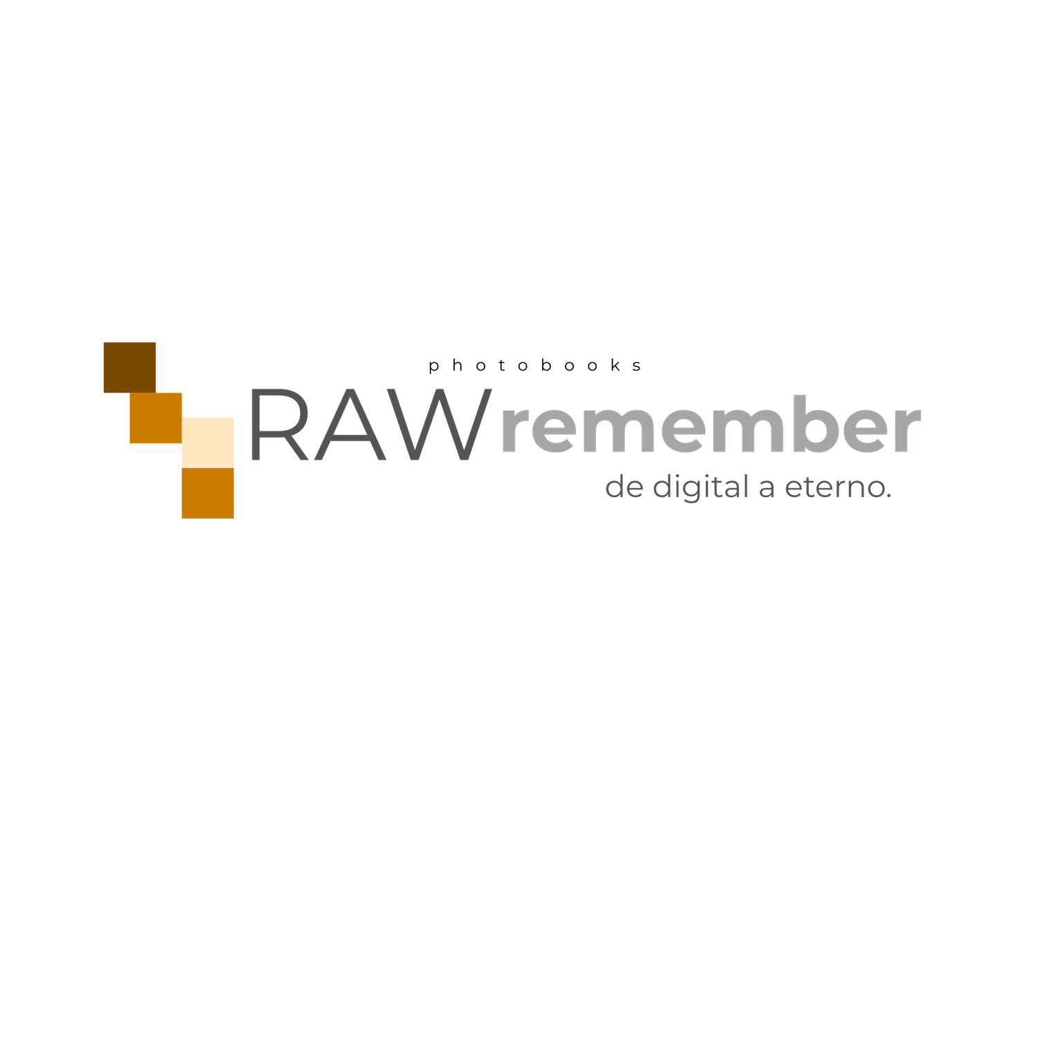 RAWremember photobooks logo with geometric squares in brown and gold tones and tagline de digital a eterno.