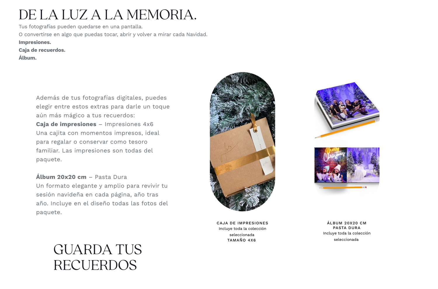Elegant photo album and printed photo box displayed on a light background, showcasing premium memory preservation products.