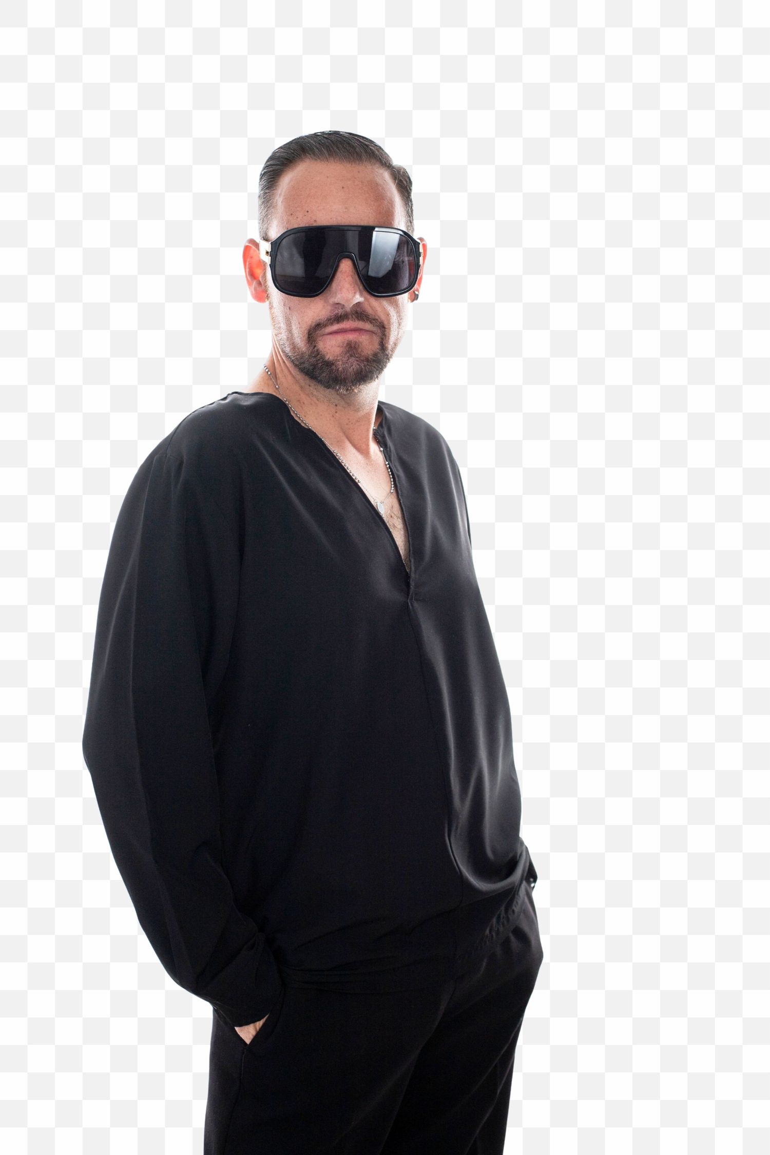 Person in black outfit and sunglasses standing in multiple poses against white background.