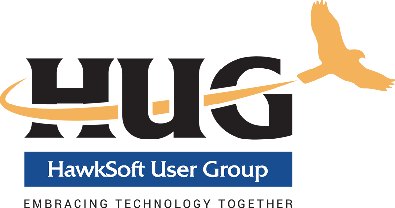 HawkSoft User Group HUG logo with golden hawk in flight and tagline Embracing Technology Together.
