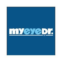 MyEyeDr. logo displayed in white text on a blue background, representing an eye care and optometry brand.