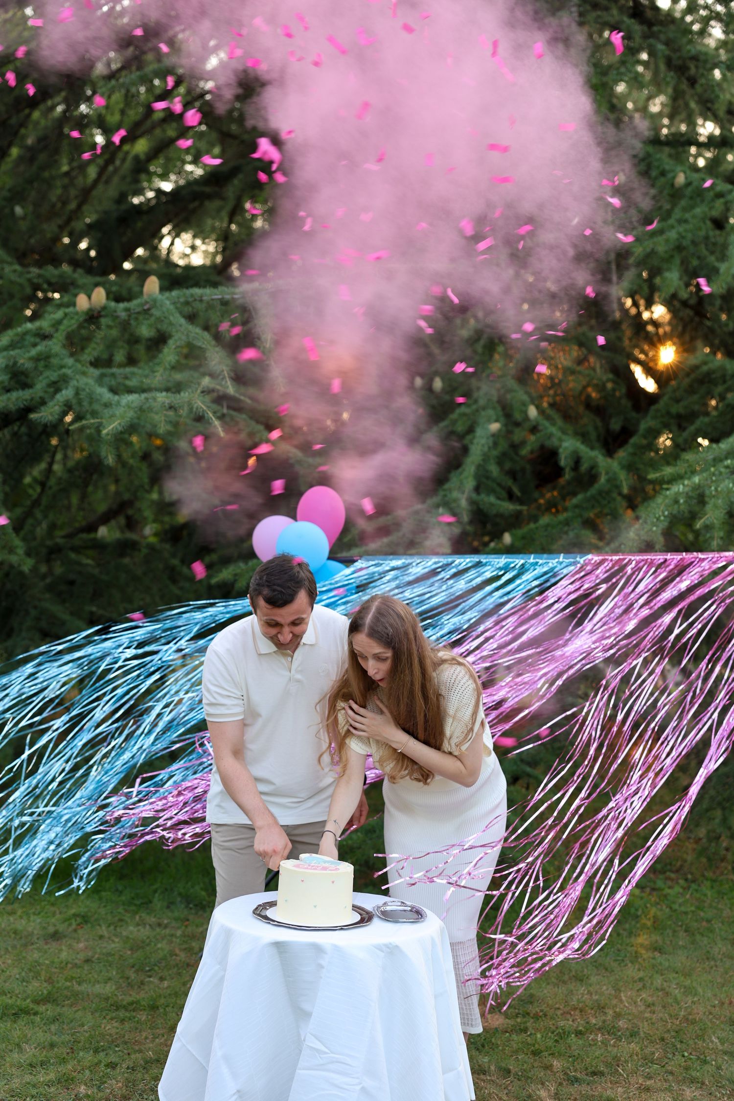 Couple cutting a white cake at a gender reveal party with pink confetti, smoke, and blue and pink streamers outdoors.