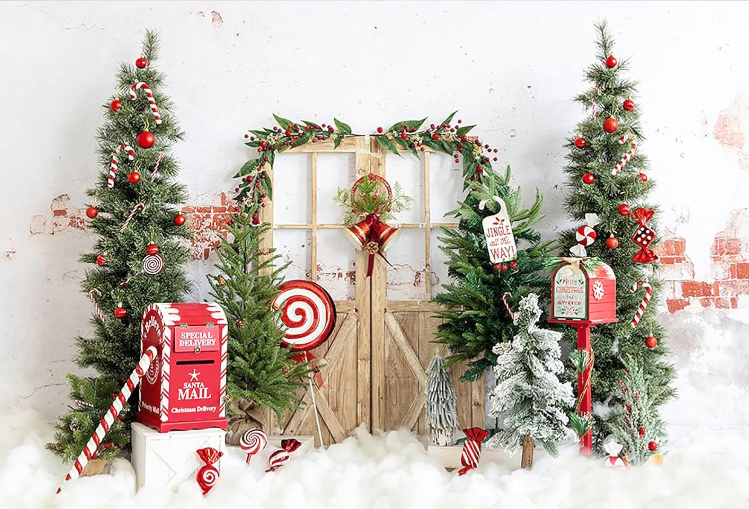 Christmas scene with decorated wooden door, evergreen trees, candy canes, letters to Santa and festive holiday decorations.