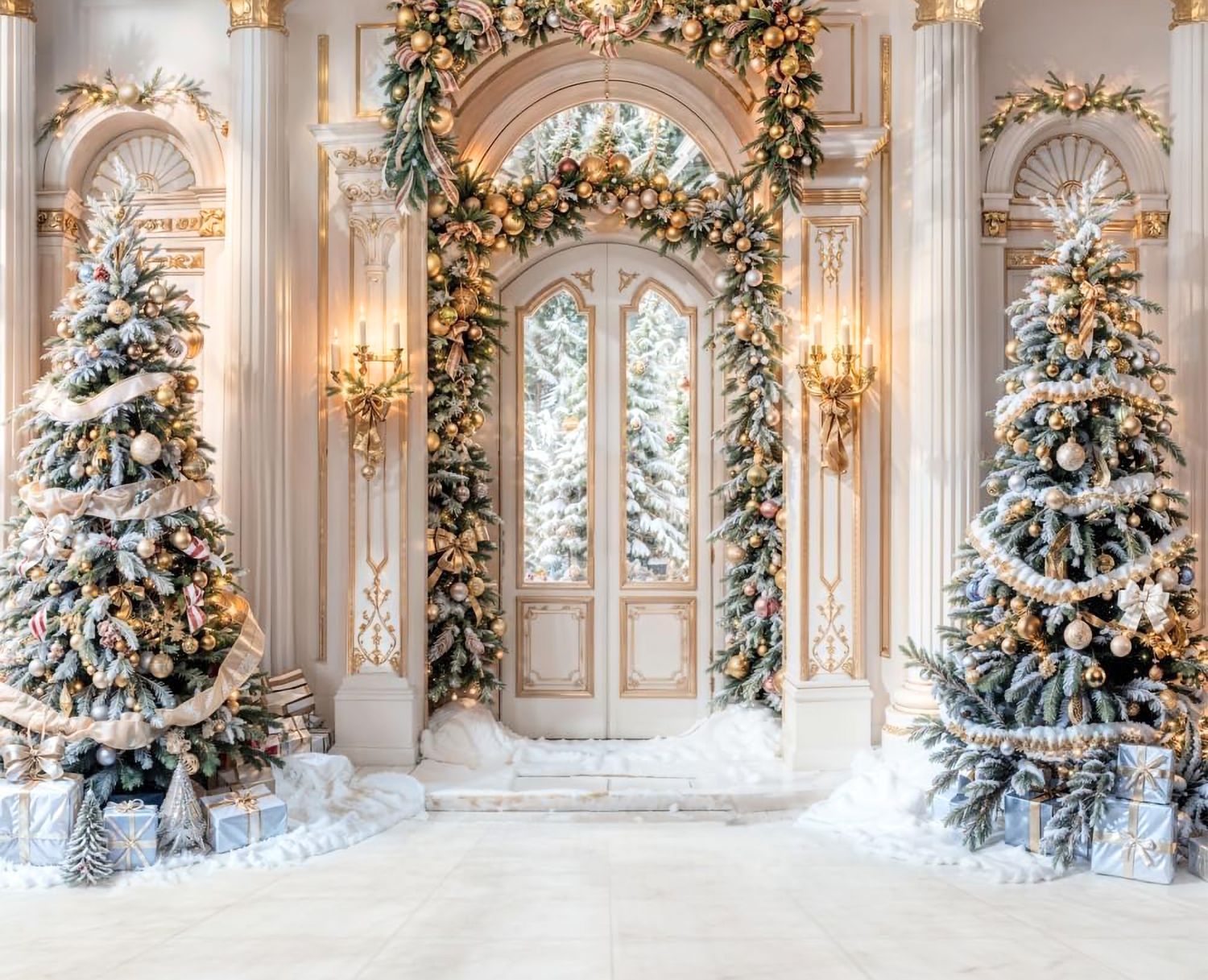 Luxurious white and gold Christmas interior with snow-covered trees, ornate archways, and glowing wall sconces.