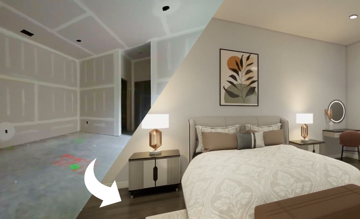 Modern minimalist bedroom interior with white bedding, recessed lighting, and contemporary wall decor.