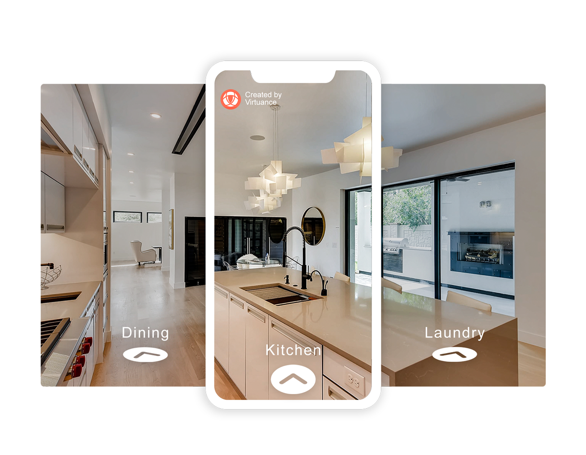 Mobile app interface showing virtual home tour navigation between dining, kitchen and lounge areas.