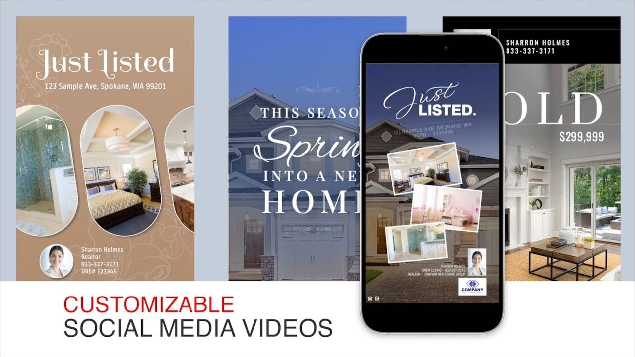 Mobile phone displaying real estate social media video templates with customizable designs for property listings.