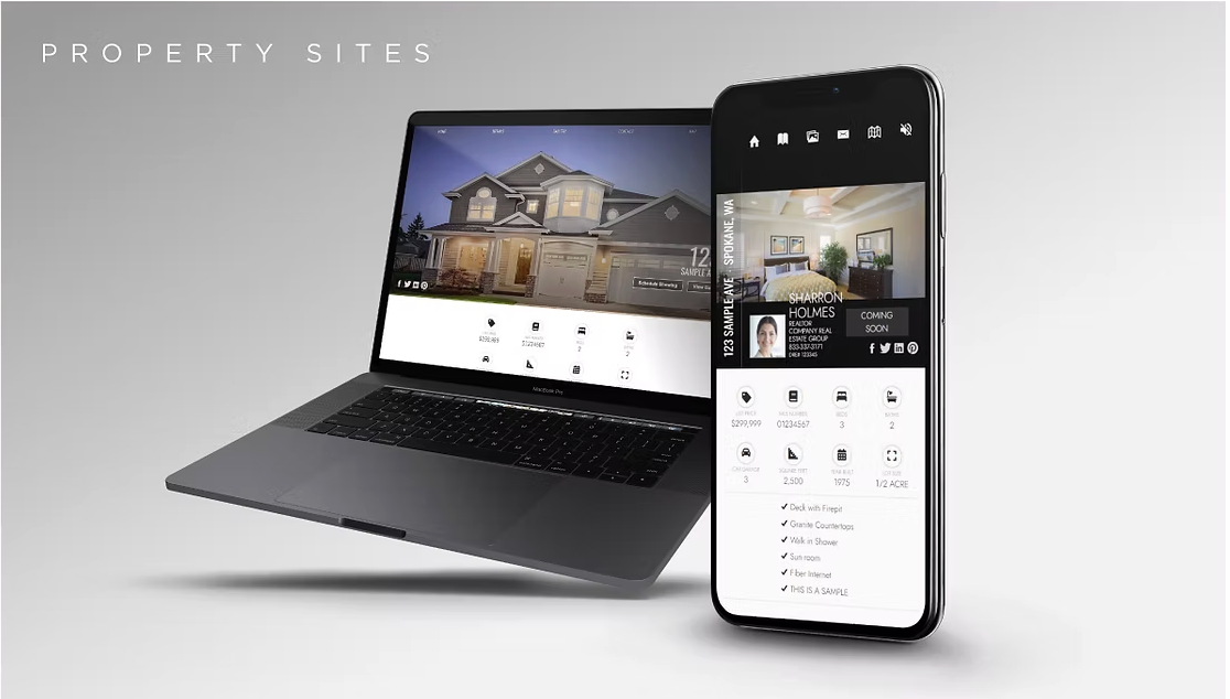 Mockup of real estate property website displayed on laptop and mobile phone showing modern house listings.