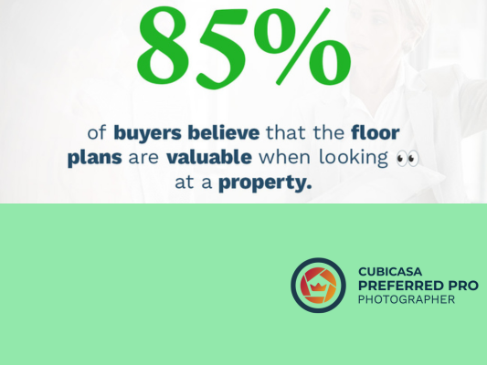 A green and white statistic graphic showing 85 percent of buyers believe floor plans are valuable when viewing properties.
