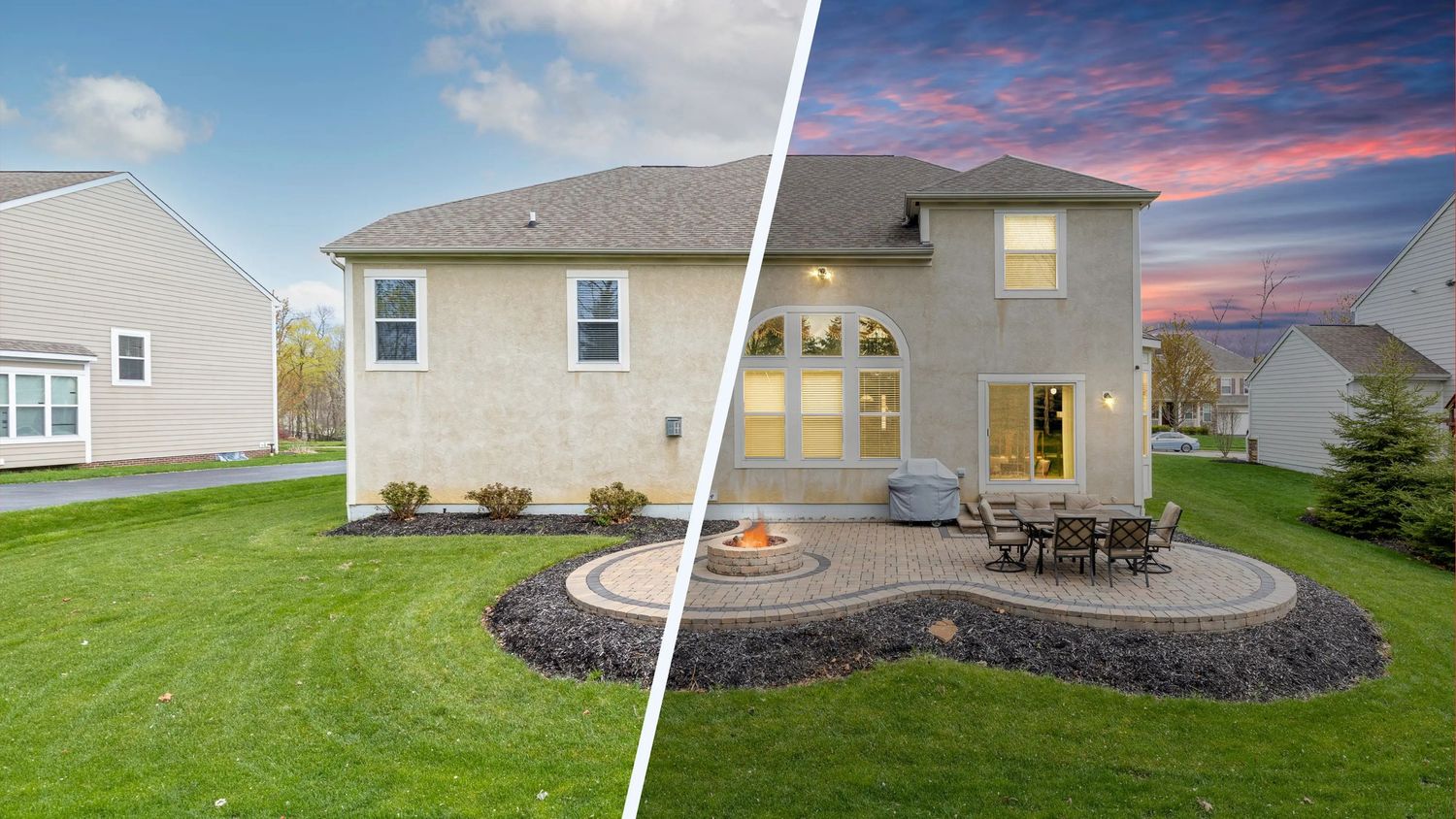 Split view of modern home exterior showing daylight and sunset views of backyard patio with curved stone landscaping.