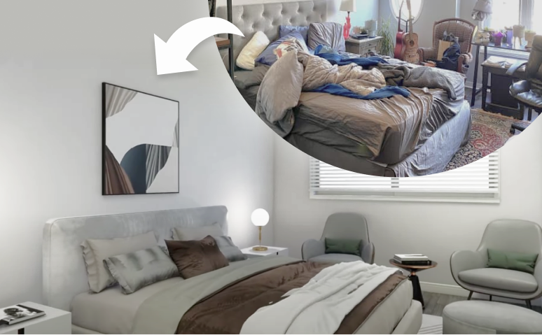 A collection of modern gray and beige furniture arrangements in a home interior setting.