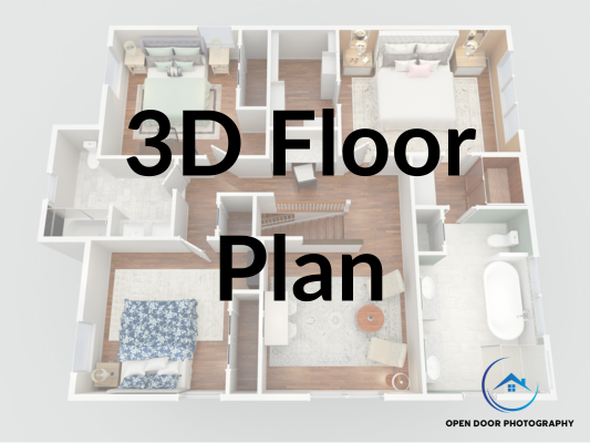 3D architectural floor plan rendering showing multiple rooms and spaces with detailed furniture layouts and textures.