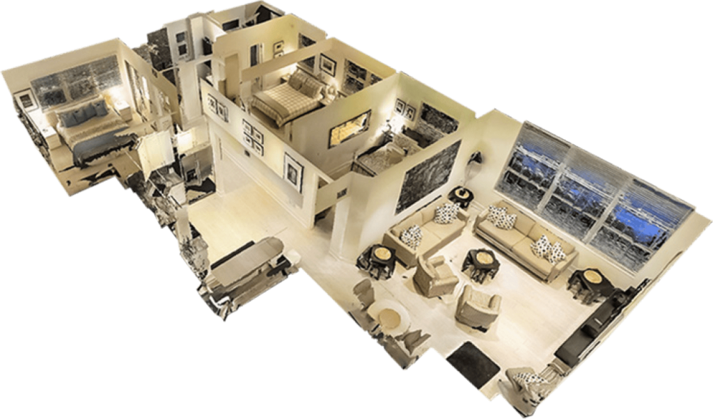 3D dollhouse view of a residential floor plan showing detailed room layouts and furniture placement.