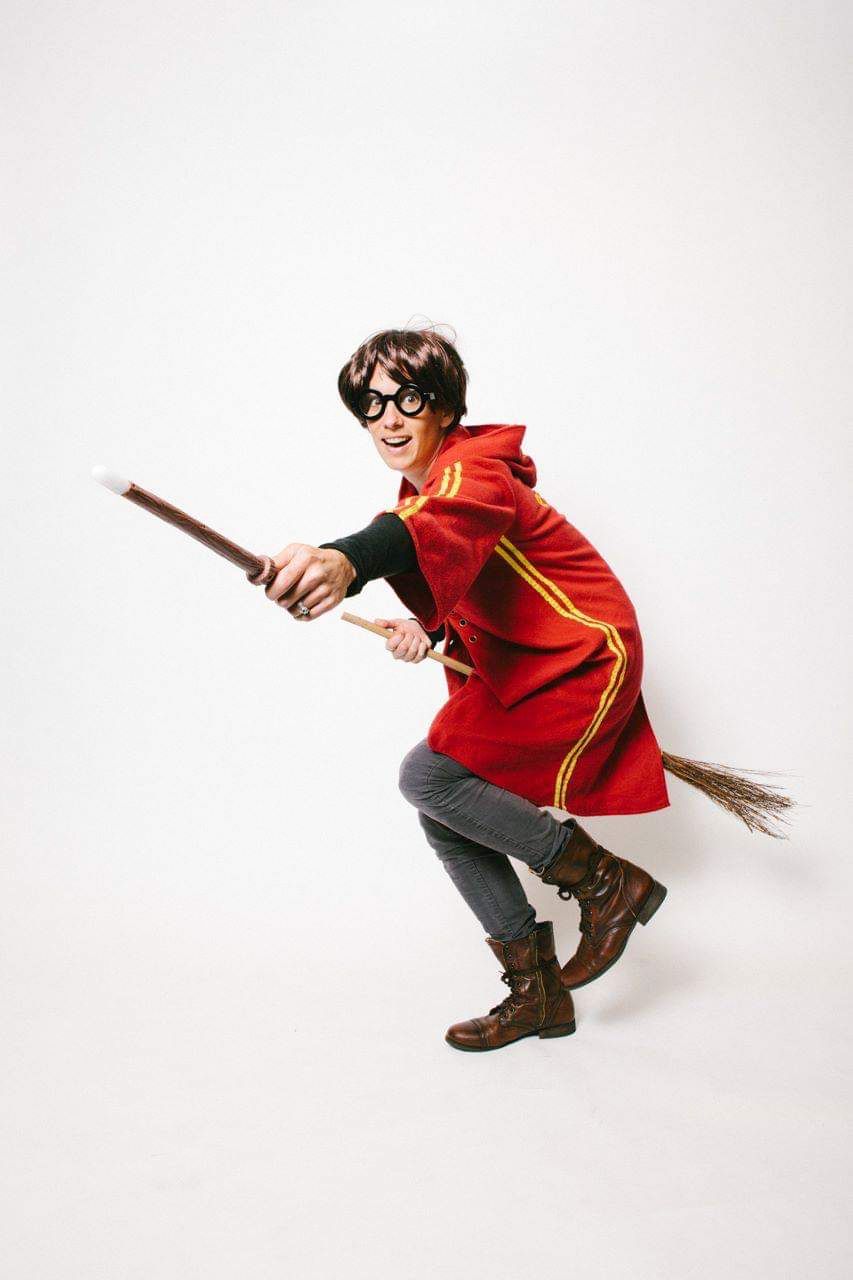 katie gardner dressed as harry potter on white background