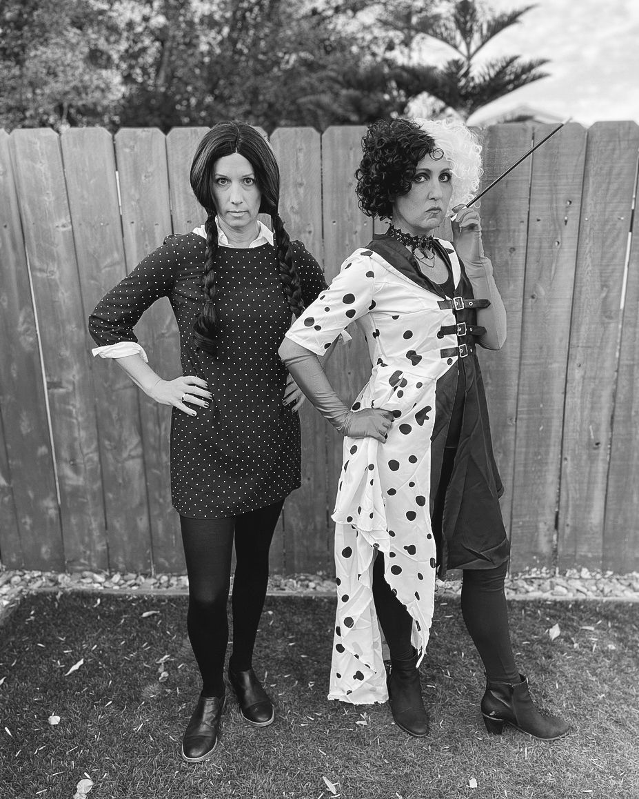 HALLOWEEN COSTUMES WEDNESDAY ADDAMS AND Cruella de Vil in black and white