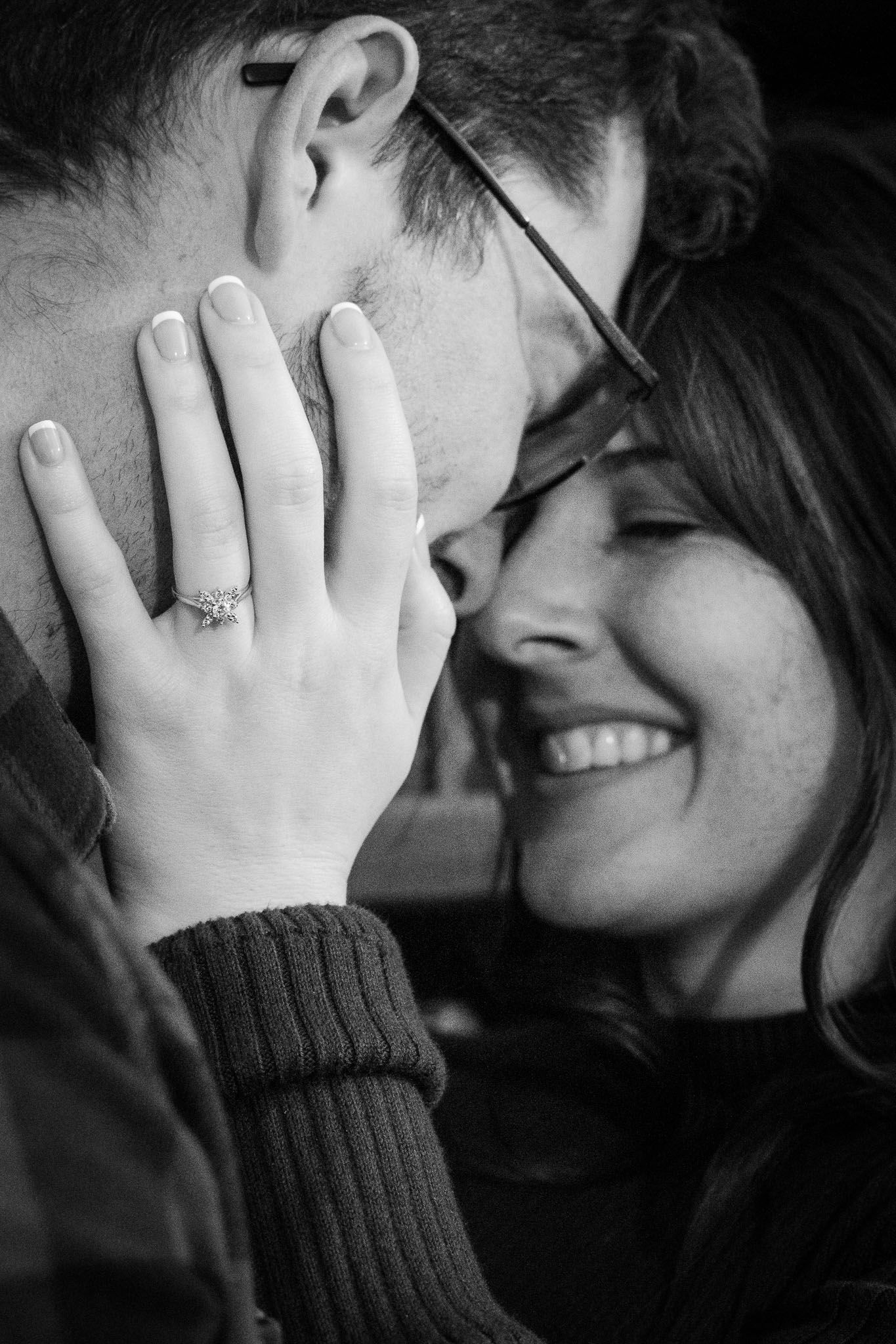 Close up on engaged couple leaning on each other's foreheads