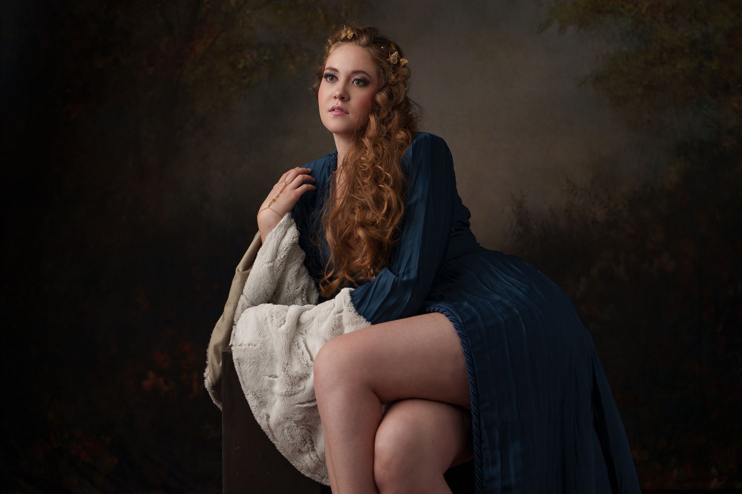 Dark romantic portrait series with navy and white contrasting fabrics.