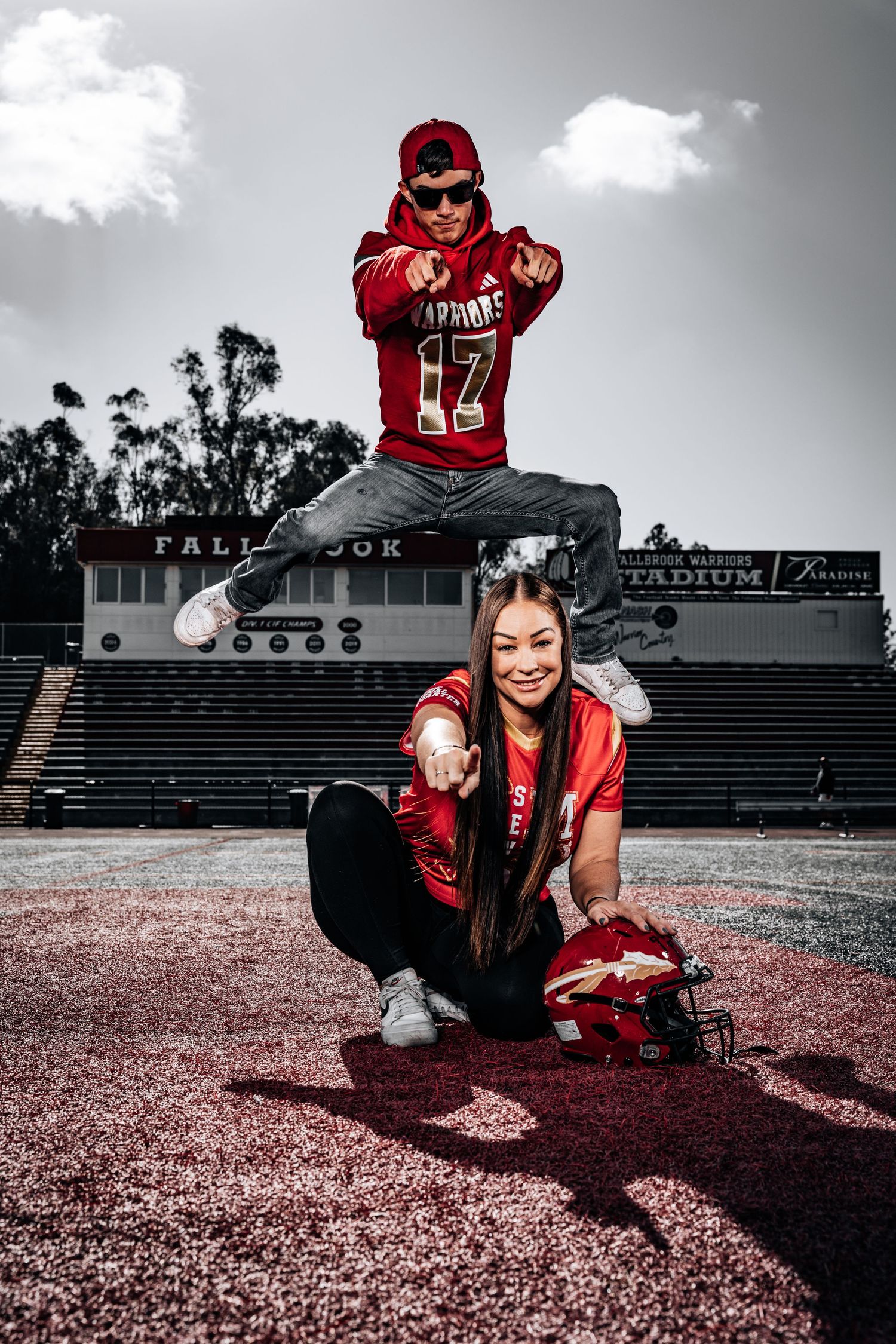A series of dramatic sports photos showing a person in red athletic gear posing on a field with selective color editing.