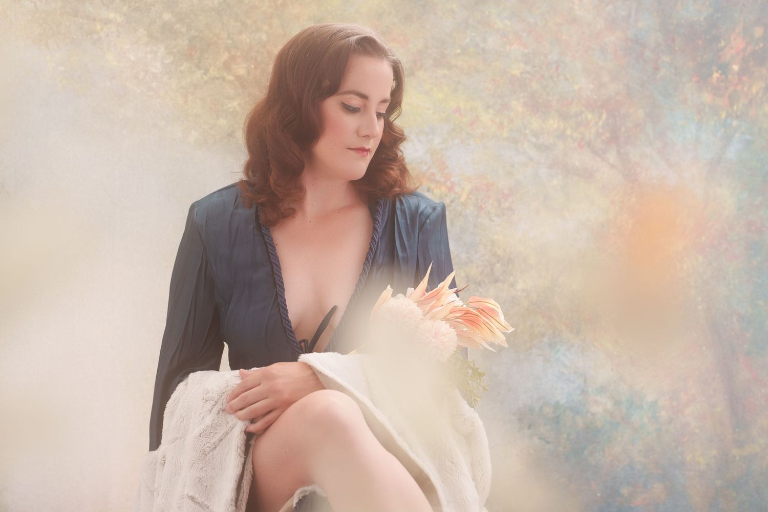 Dreamy portrait sequence with soft lighting and romantic styling against a pastel background.