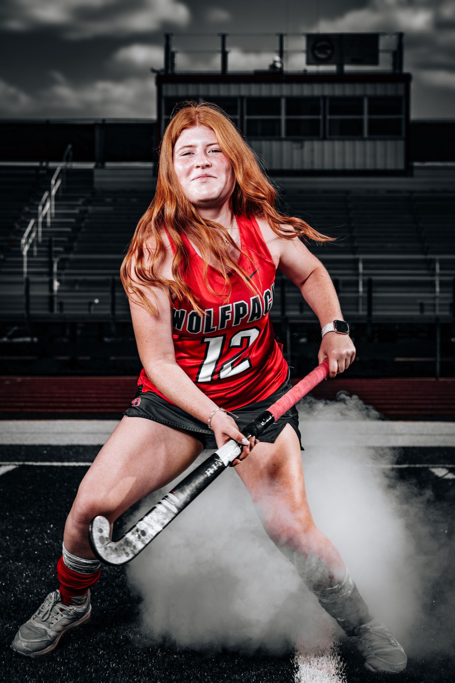 Dynamic sports photo series showing an athlete in red uniform with smoke effects on a dark field during a dramatic pose sequence.