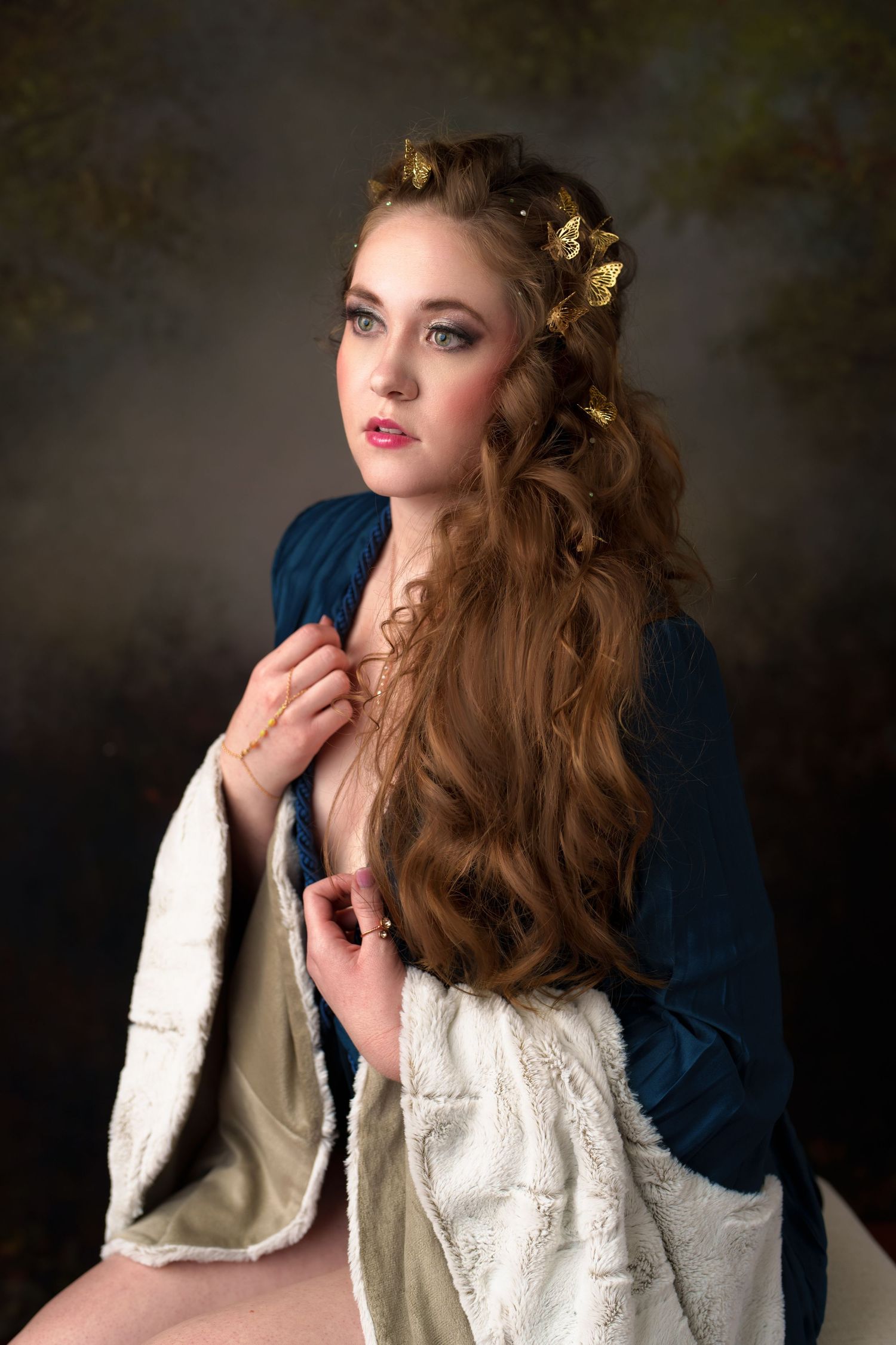 Artistic portraits with gold leaf crown accessory and romantic styling in vintage aesthetic.