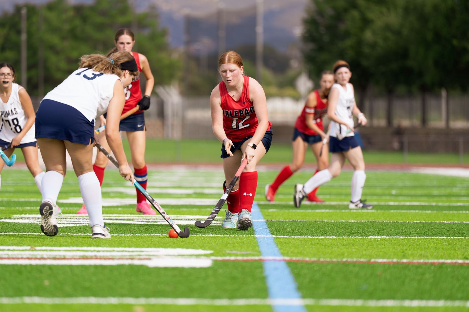 Field hockey players reach for the ball during an intense match on a green turf field.