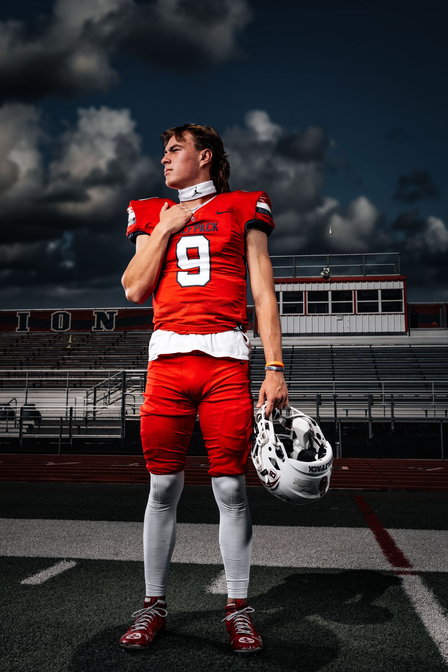 Football player in red jersey number 9 poses dramatically against dark stadium backdrop in split-panel composition.