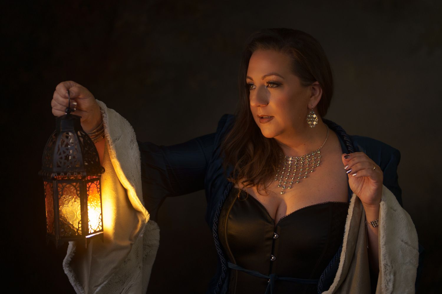 Artistic low-key portrait series featuring dramatic shadows and lantern light.