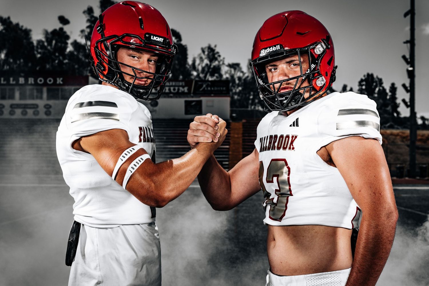 Close-up sports action shots showing football players in red and white uniforms during a game sequence.