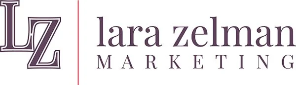 Purple and white Lara Zelman Marketing logo featuring stylized LZ monogram initials with elegant serif typography.