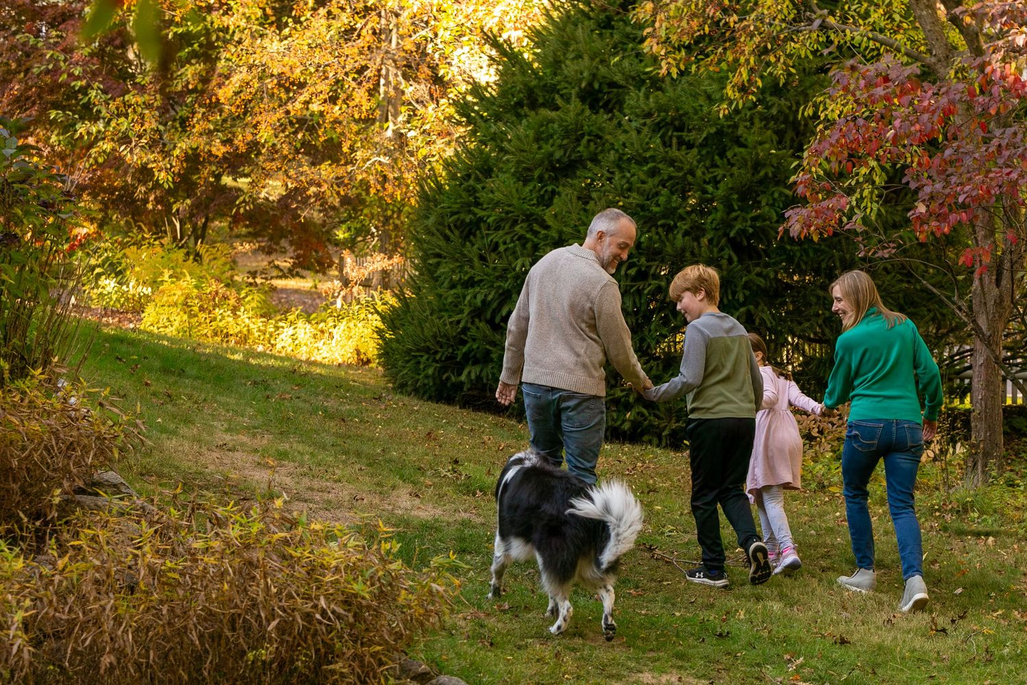 A group enjoying an autumn walk with their border collie dog among colorful fall foliage in a park.