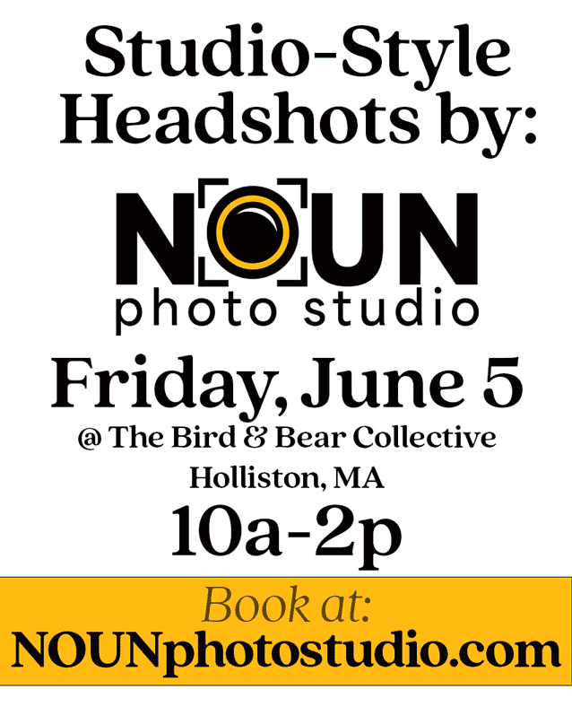 Noun Photo Studio offering studio-style headshots on Friday, June 5, 10a-2p at The Bird & Bear Collective, Holliston, MA.