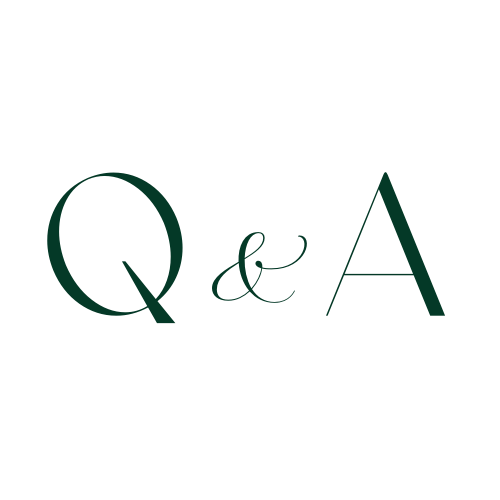 Elegant dark green text displaying 'Q&A' in a flowing script font.
