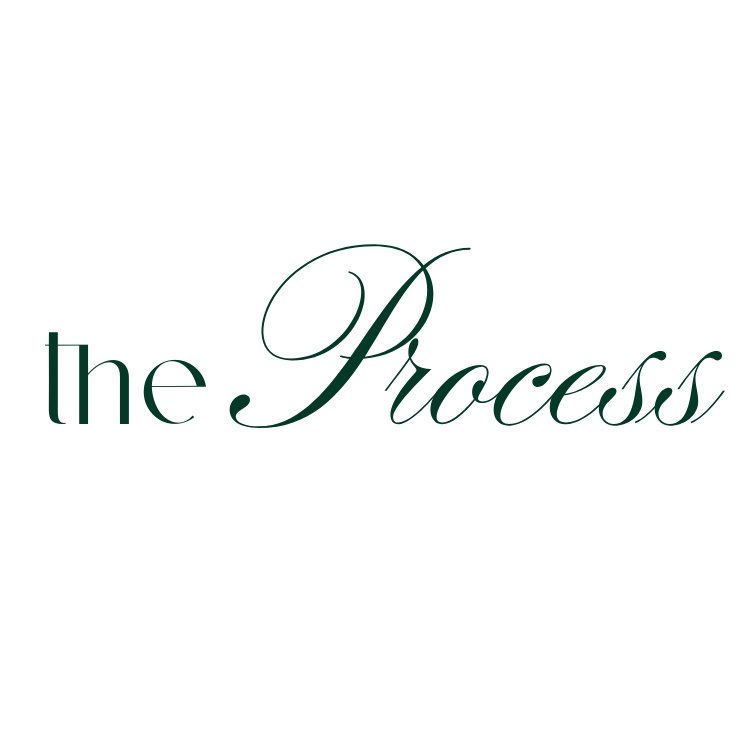 Elegant green calligraphy text reading 'The Process' in a decorative script style against white background.
