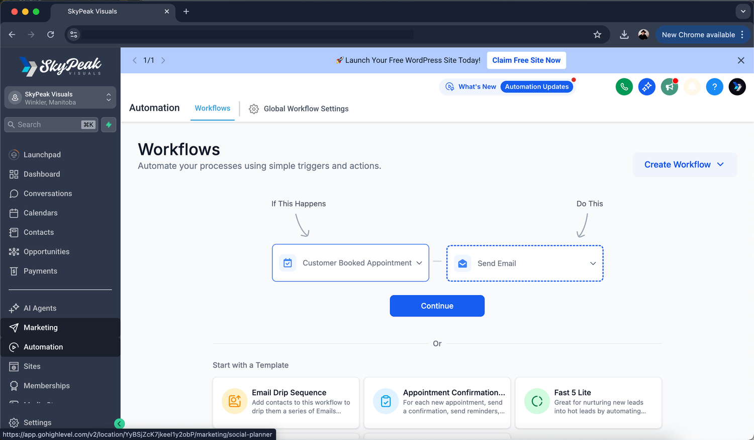 A dark-themed software interface showing a workflows page with empty setup options and navigation menu.