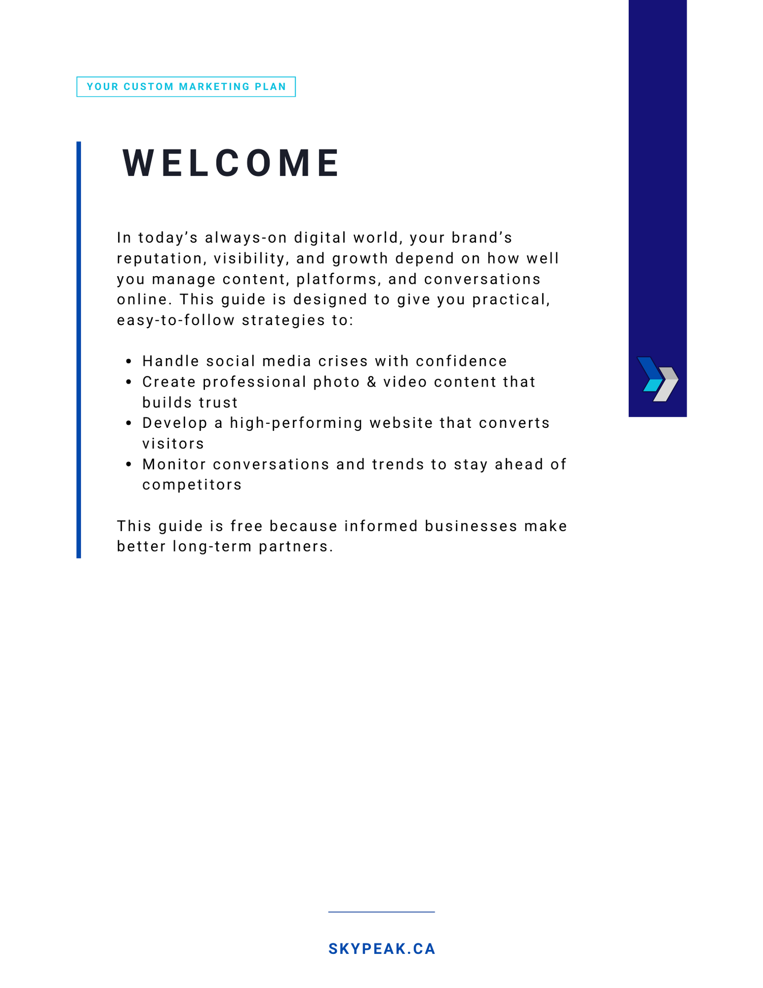 A series of blue and white digital marketing presentation slides showing welcome text and business content.