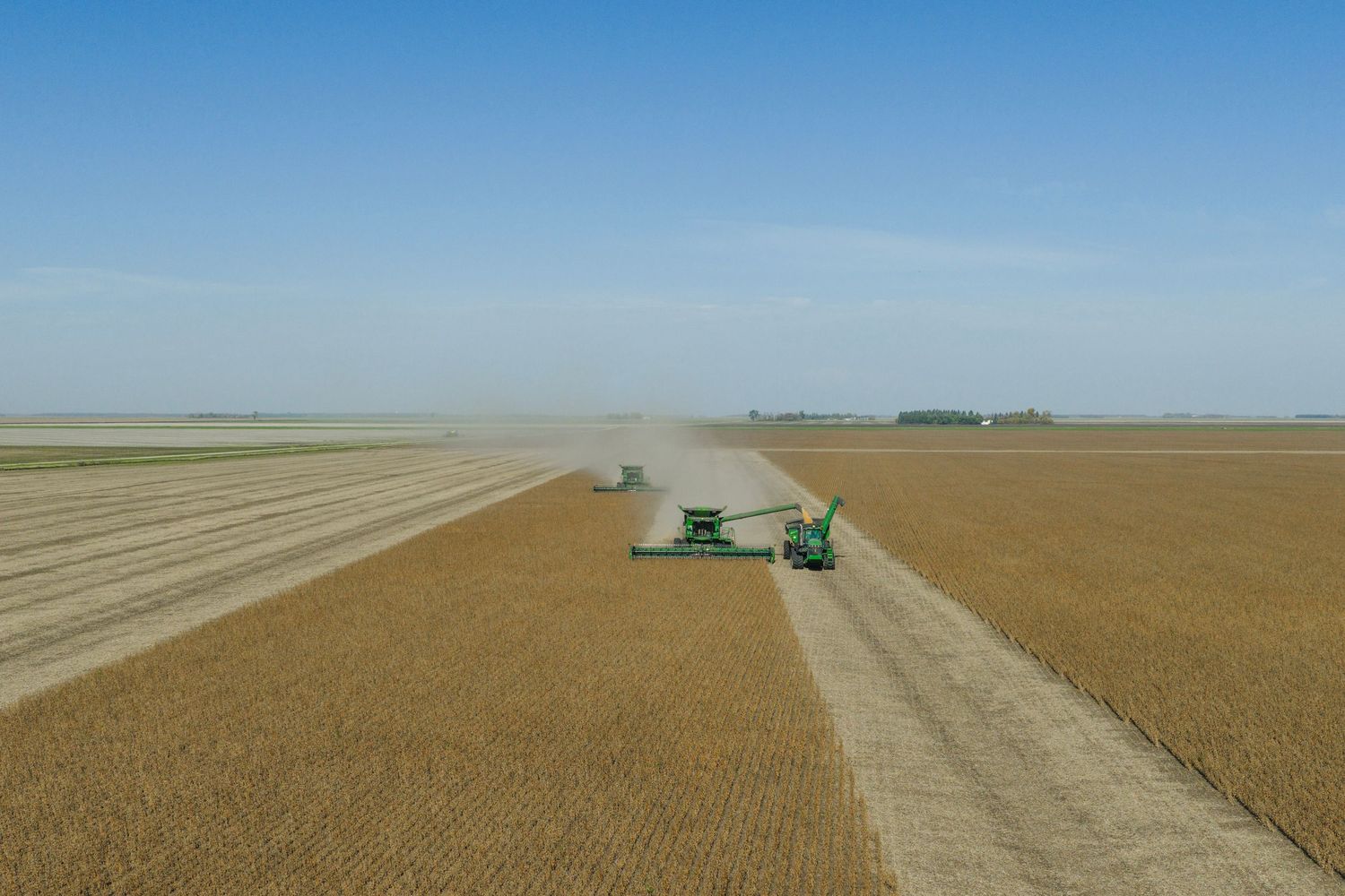 Aerial view of a combine harvester working in a vast golden wheat field under clear blue sky.